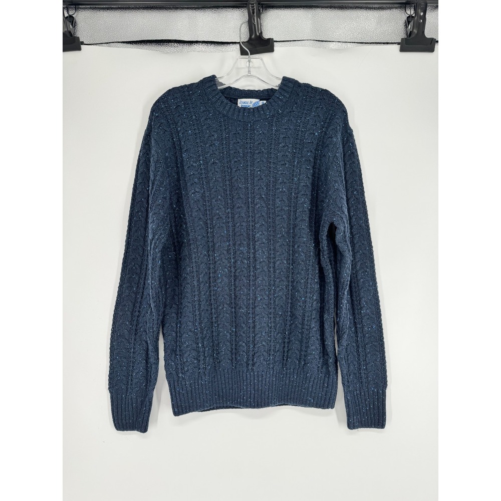 Seawool Wellen Fisherman Sweater Mens Medium Wool Navy Blue Cable Knit Crewneck
